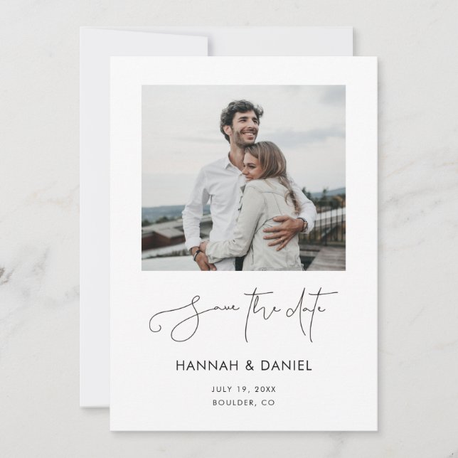 Simple Chic Minimalist Modern Script Photo Wedding Save The Date (Front)