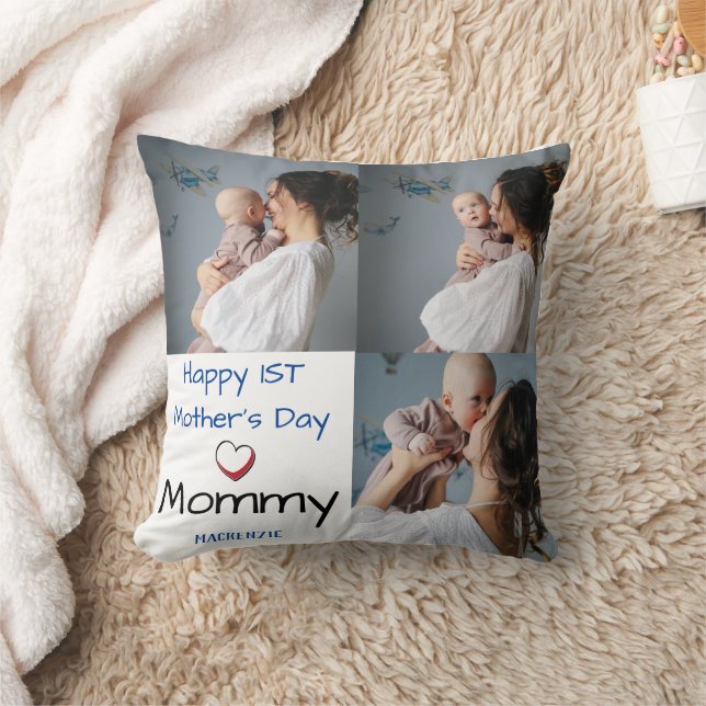 Simple & Chic Mother Days Gift Three Photo Collage Throw Pillow (Blanket)