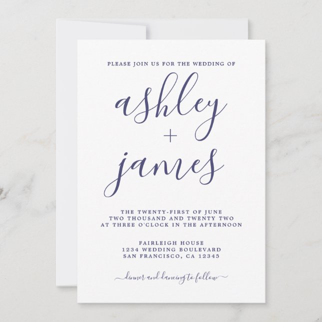 Simple Chic Navy Blue Calligraphy Wedding Invitation (Front)