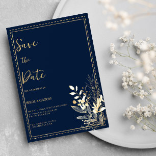 Simple chic navy blue gold floral Save the Date Invitation