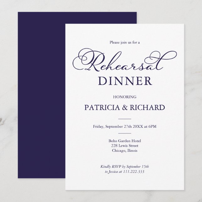 Simple Chic Navy Blue Script Rehearsal Dinner Invitation (Front/Back)