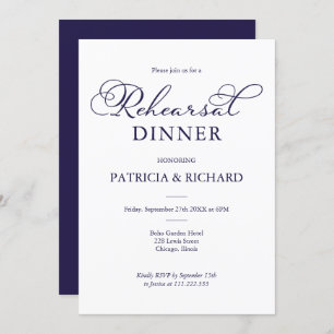 Simple Chic Navy Blue Script Rehearsal Dinner Invitation