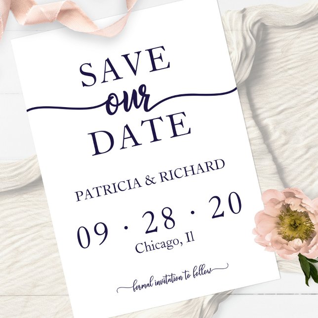 Simple Chic Navy Blue White Wedding Save The Date Invitation (Creator Uploaded)