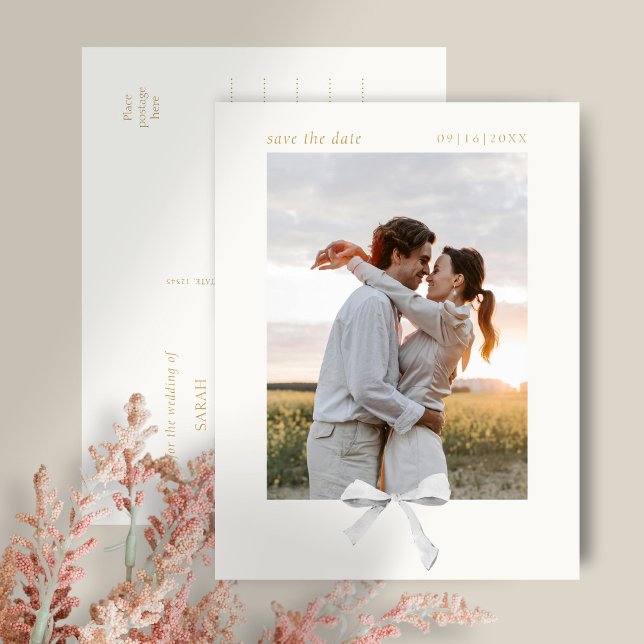 Simple Chic Ribbon Bow | Off White Save the Date Postcard (Creator Uploaded)