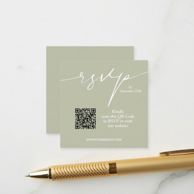 Simple Chic Sage Green QR Code Wedding Enclosure Card (Front/Back In Situ)