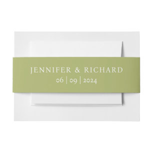 Simple Chic Sage Green White Name Date Wedding Invitation Belly Band