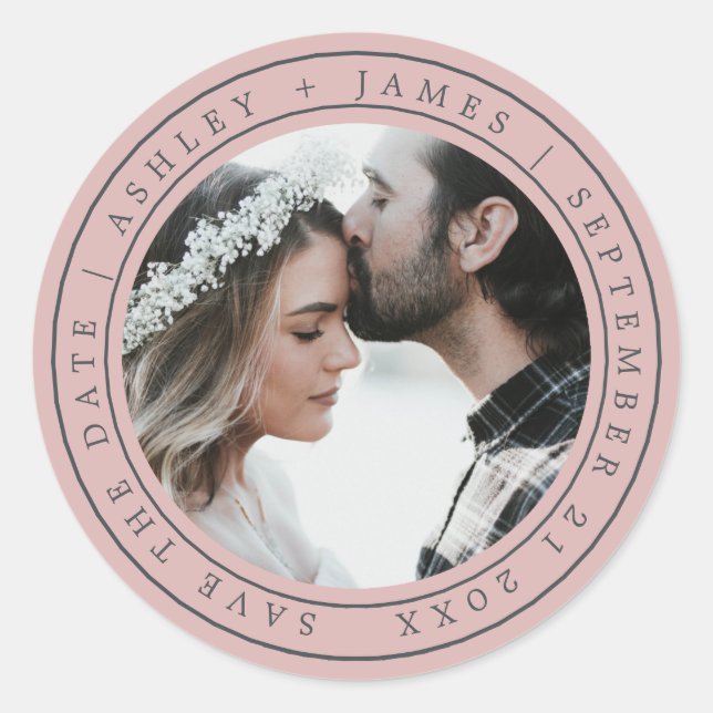Simple Chic Save the Date Wedding Photo Pink Class Classic Round Sticker (Front)