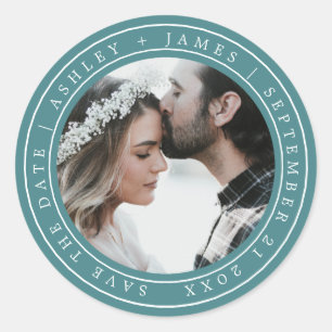 Simple Chic Save the Date Wedding Photo Teal Classic Round Sticker