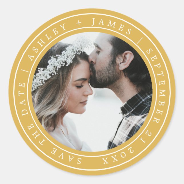 Simple Chic Save the Date Wedding Photo Yellow Classic Round Sticker (Front)