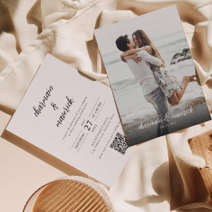 Simple Chic Script Photo QR Code Wedding Invitatio Invitation