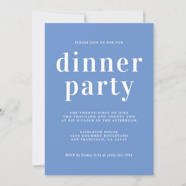 Simple Chic Typography Blue Dinner Party Invitation (Front)