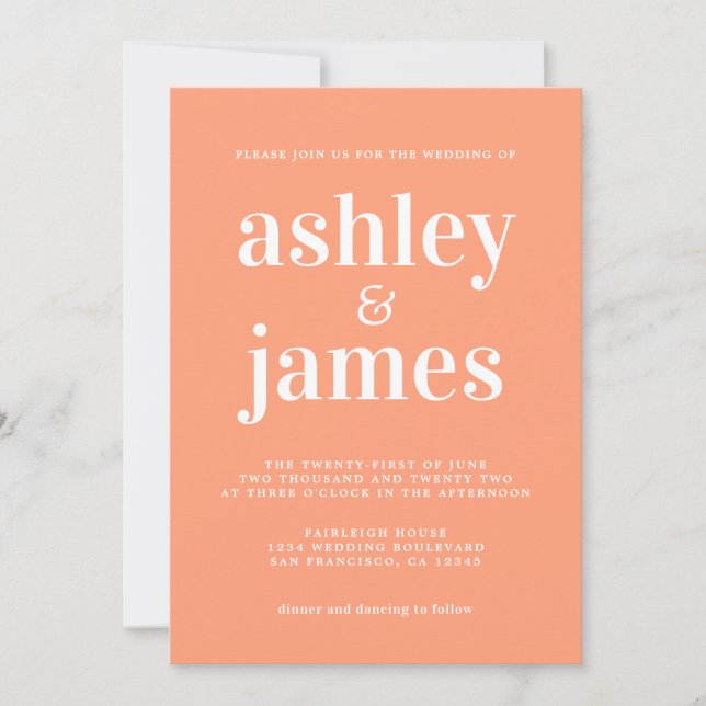 Simple Chic Typography Cantaloupe Orange Wedding Invitation (Front)