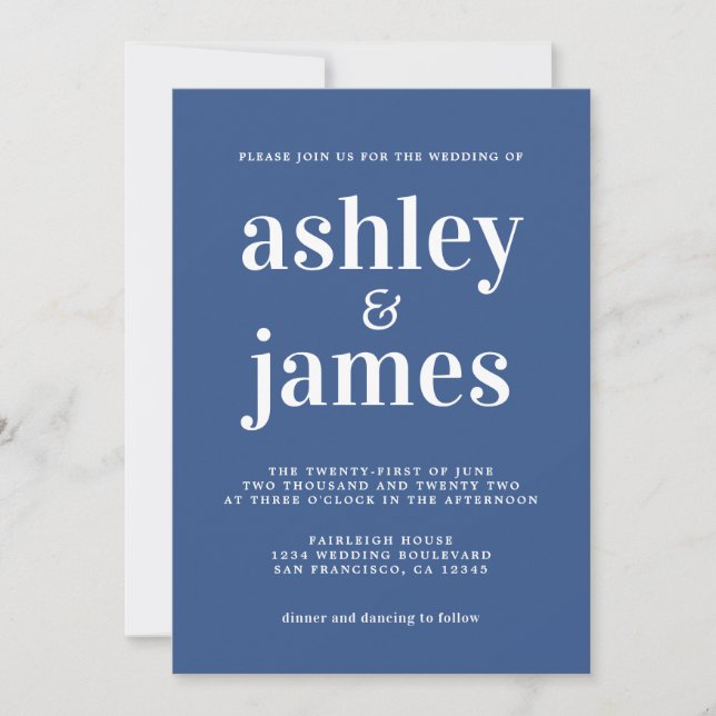 Simple Chic Typography Classic Blue Wedding Invitation (Front)