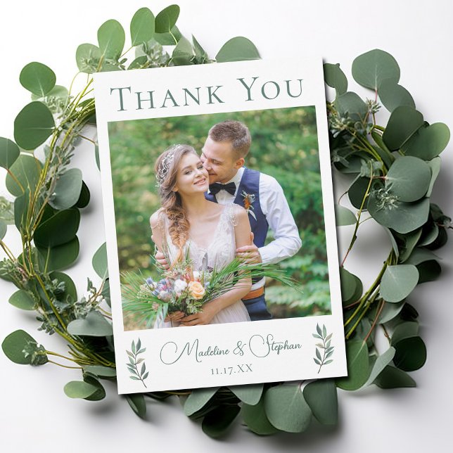Simple Chic Wedding Photo Green Eucalyptus Leaf Thank You Card (Creator Uploaded)