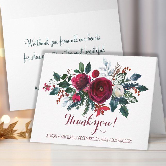 Simple chic winter red peonies bouquet thank you card (Creator Uploaded)