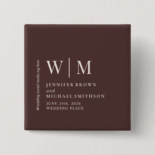 Simple Chocolate Brown Beige Formal Event Wedding 2 Inch Square Button (Front)