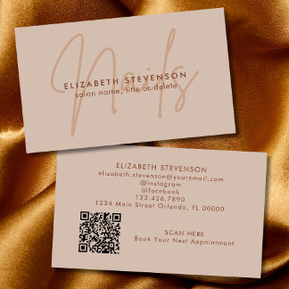 Simple Chocolate Brown Script Nail Artist QR Code Business Card