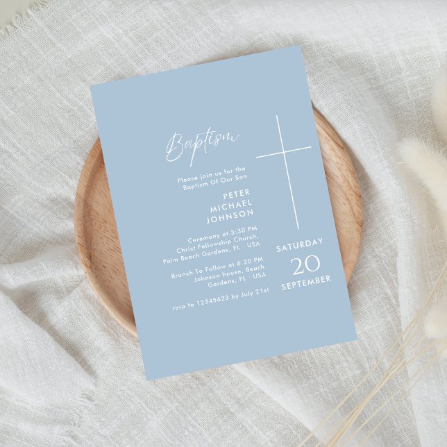 Simple Christening Dusty Blue Baby Boy Baptism  Invitation (Creator Uploaded)