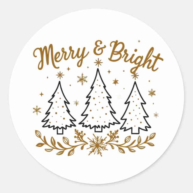 Simple Christmas and Snowflakes – Merry & Bright Classic Round Sticker (Front)