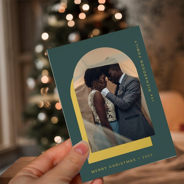 Simple Christmas Arch | Modern Two Photo Green Foil Holiday Card (Creator Uploaded)