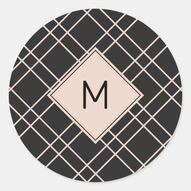 Simple Christmas Black and Cream Monogram Checks Classic Round Sticker (Front)