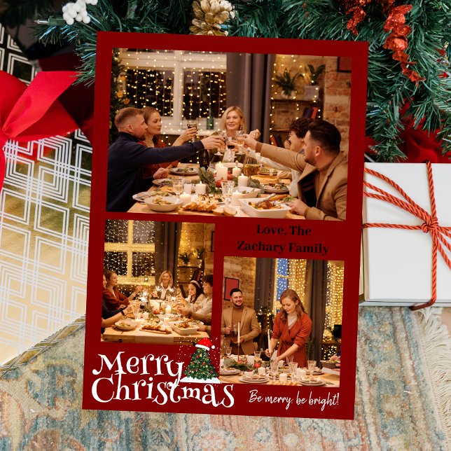 Simple Christmas Family Typography Three Photo  Foil Holiday Card (Creator Uploaded)