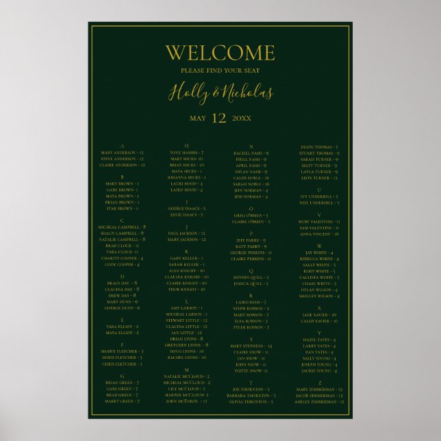 Simple Christmas Green Alphabetical Seating Chart (Front)