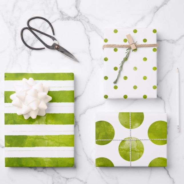 Simple Christmas Green Stripe Watercolor Modern Wrapping Paper Sheet (Front)