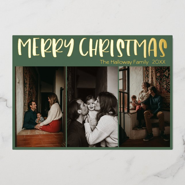 Simple Christmas Green Three Photo | Gold Foil Holiday Card (Front)