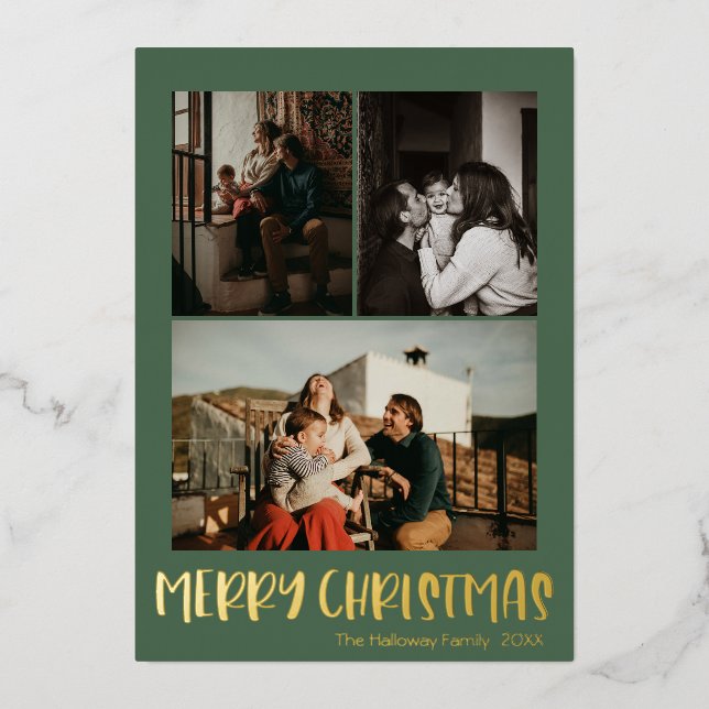 Simple Christmas Green Vertical 3 Photo | Gold Foil Holiday Card (Front)