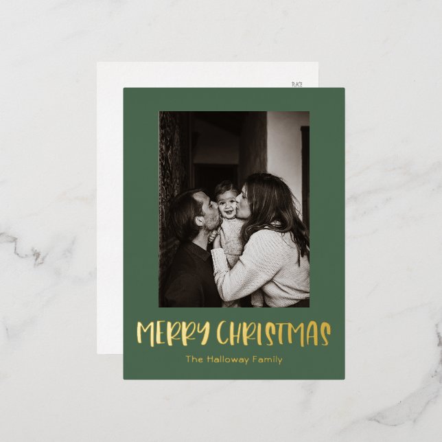 Simple Christmas Green Vertical Single Photo Gold Foil Holiday Postcard (Front/Back)