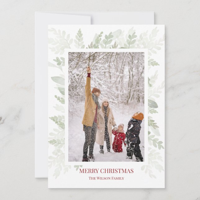 Simple Christmas Greenery Photo Holiday Card (Front)