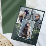 Simple Christmas Greenery Three Photo Holiday Card<br><div class="desc">This simple Christmas card features rustic watercolor Christmas greenery and a trendy three photo collage on a dark blue background front with a classic pine green back.</div>