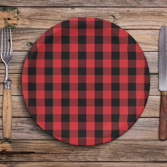 Simple Christmas Holiday Buffalo Check Pattern Paper Plate (Simple rustic red and black buffalo check pattern minimalist paper plate. )