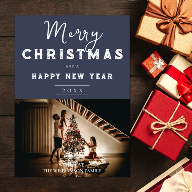 Simple Christmas Photo | Blue Holiday Card (Blue Simple Christmas Photo Holiday Card)