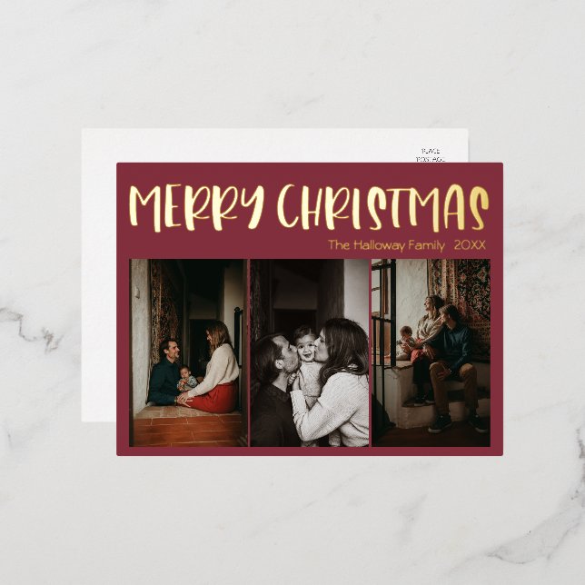 Simple Christmas Red Three Photo | Gold Foil Holiday Postcard (Front/Back)