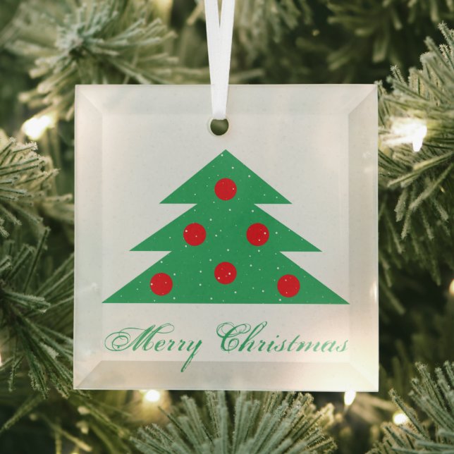 Simple Christmas Tree Green Red Merry Script Glass Ornament (Insitu)