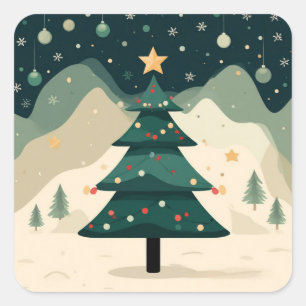 Simple Christmas Tree In Snowy Mountain Landscape Square Sticker