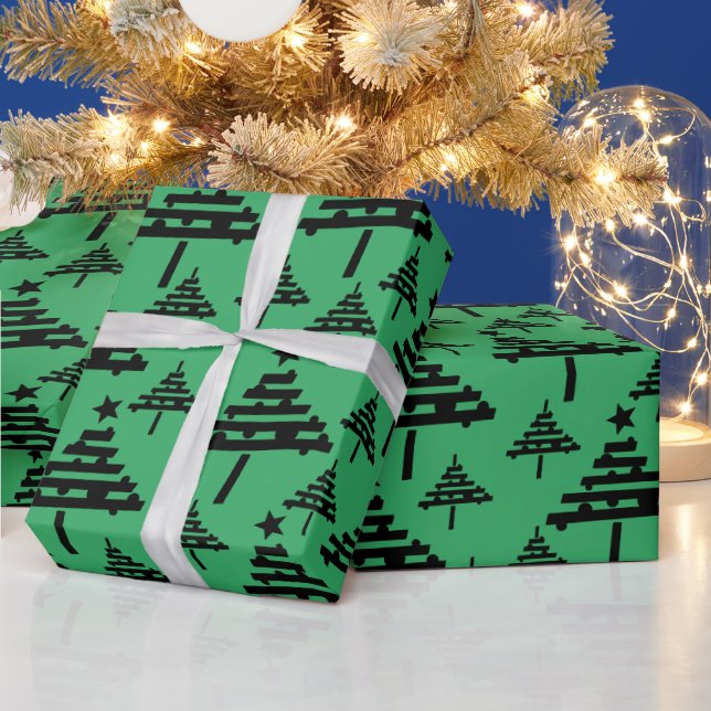 Simple Christmas Tree Pattern Black Green Holiday Wrapping Paper (Holidays)