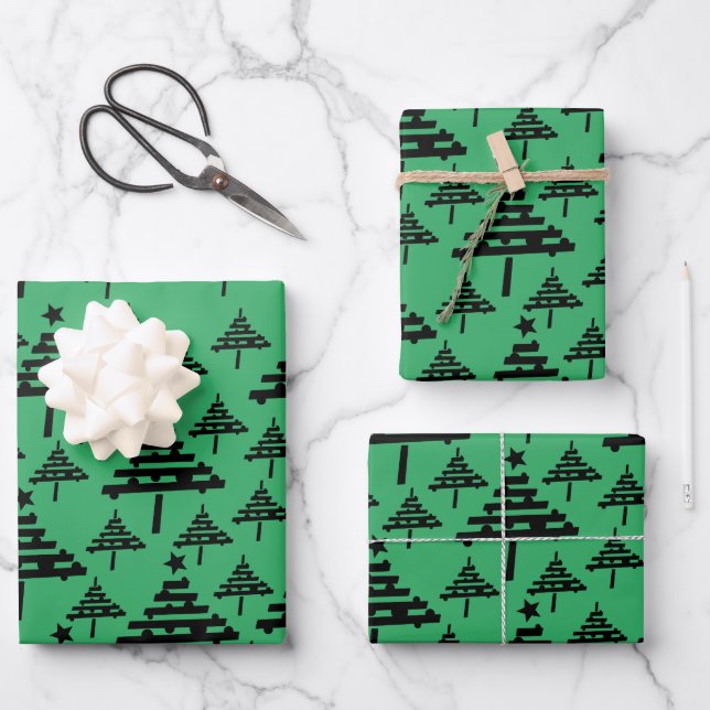 Simple Christmas Tree Pattern Black Green Holidays Wrapping Paper Sheet (Front)