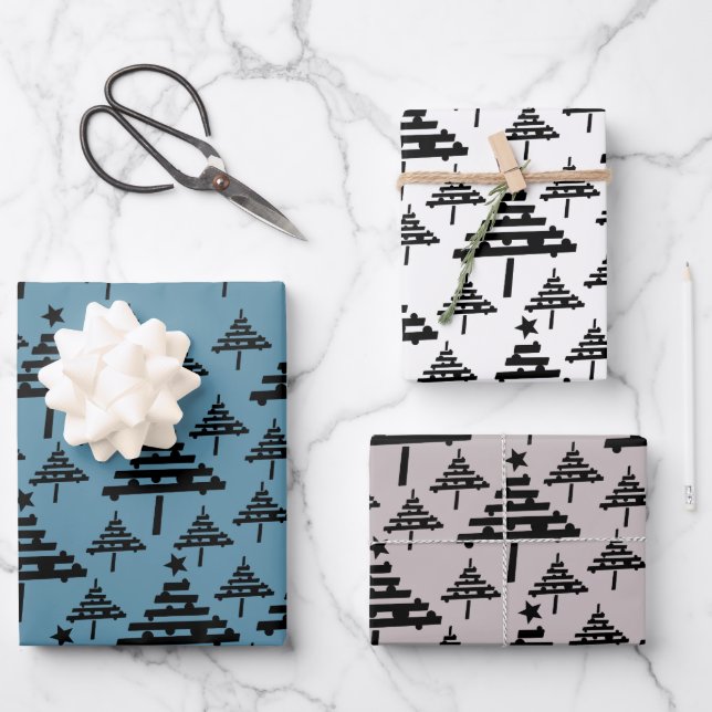 Simple Christmas Tree Pattern Blue Beige Holiday Wrapping Paper Sheet (Front)