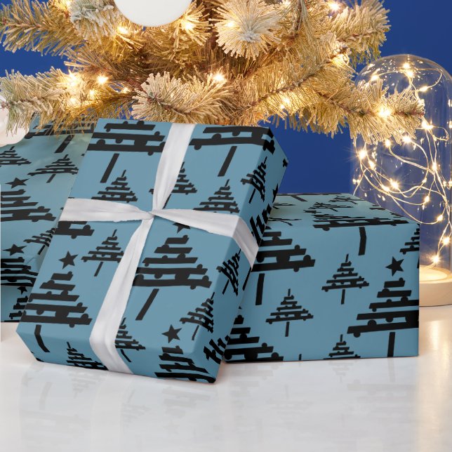 Simple Christmas Tree Pattern Blue Black Holiday Wrapping Paper (Holidays)
