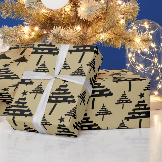 Simple Christmas Tree Pattern Golden Black Holiday Wrapping Paper (Holidays)