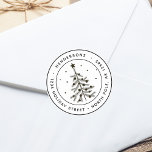 Simple Christmas Tree Return Address   Classic Round Sticker<br><div class="desc">This round sticker features a rustic black Christmas tree with a star,  round ornaments,  snow,  and a return address. For more advanced customization of this design,  please click the "customize further" link.</div>