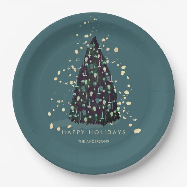 Simple Christmas Tree Teal Paper Plate (Front)