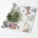 Simple Christmas Tree with Gifts Vintage Wrapping Paper<br><div class="desc">Vintage wrapping paper features a simple watercolor Christmas tree with white bulbs,  wrapped gifts,  candles,  stocking and more.*_</div>