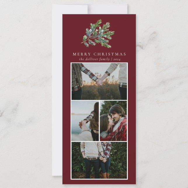 Simple Christmas Watercolor Floral Photo Collage Holiday Card (Front)