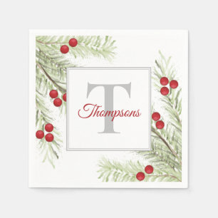 Simple Christmas Watercolor Greenery Holly Berries Napkin
