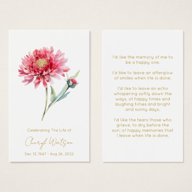 Simple Chrysanthemum Funeral Memorial Prayer Card (Front & Back)