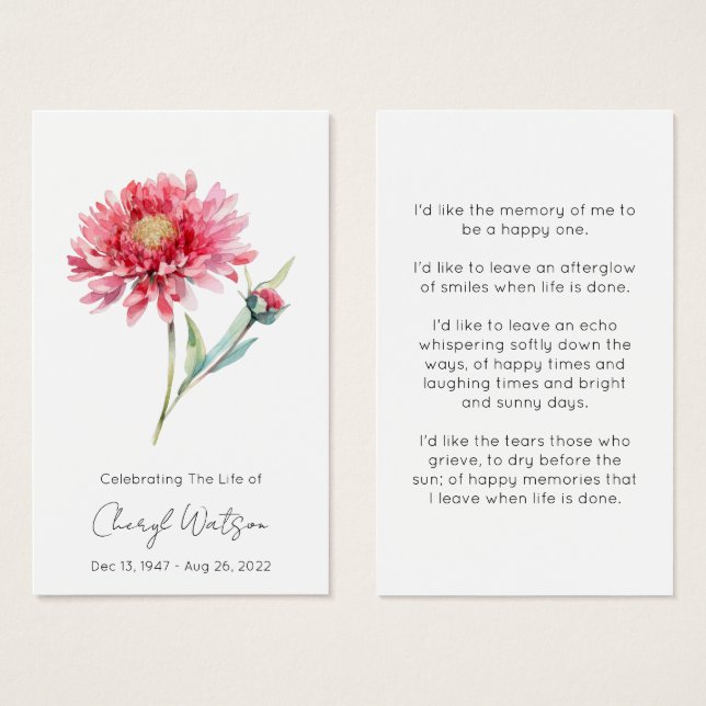 Simple Chrysanthemum Funeral Memorial Prayer Card (Front & Back)